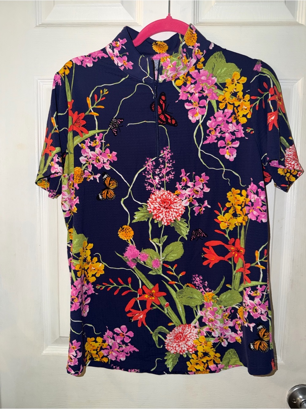 IBKUL Navy Floral Golf Shirty with Quarter Zip
